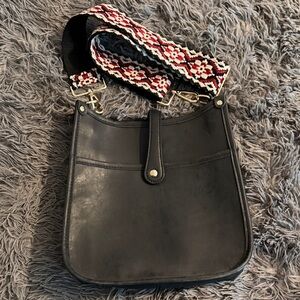 Black Leather Shoulder Bag with Patterned Strap